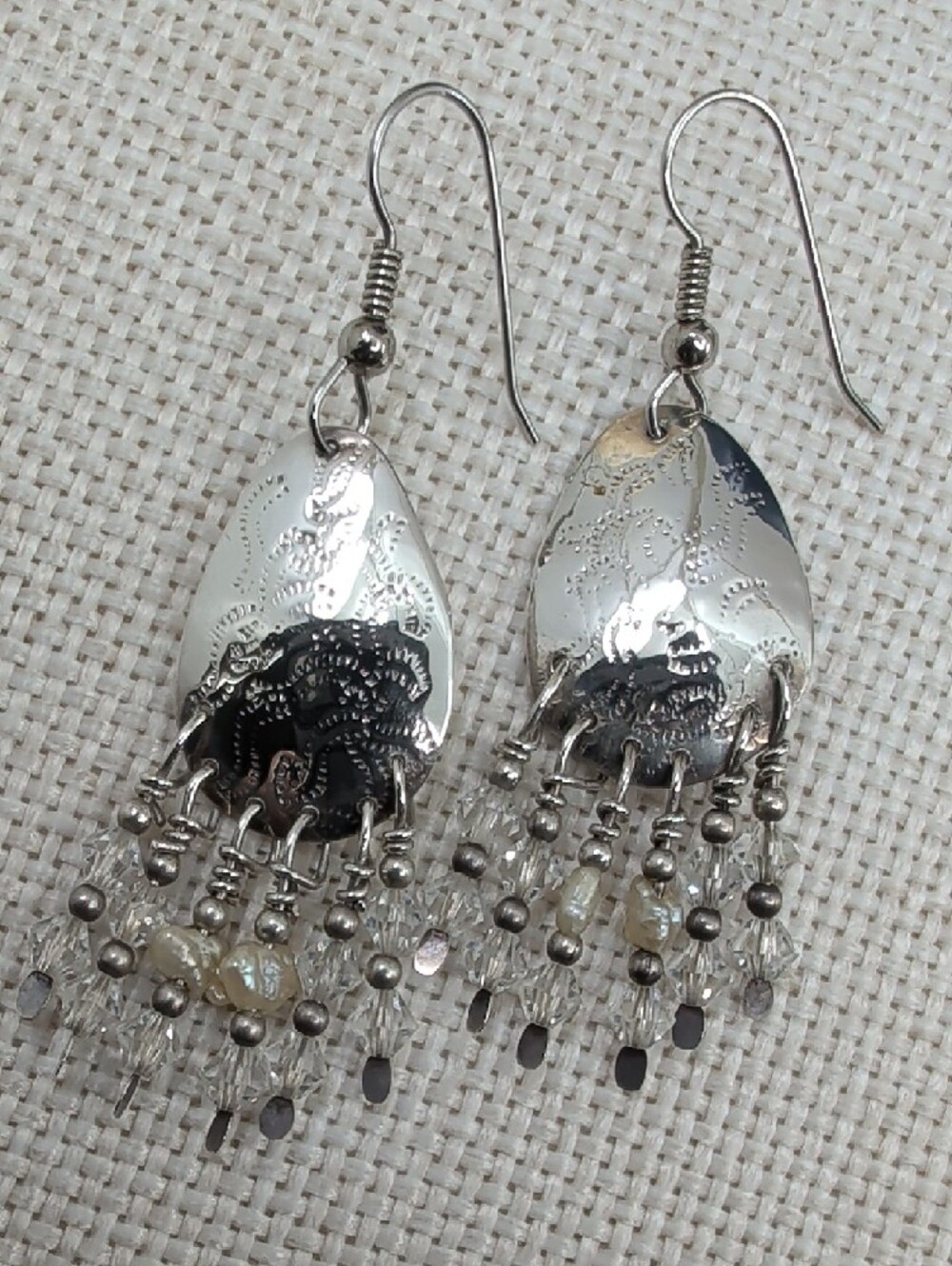 Vintage Artisan Hammered Silver Chandelier Earrings Crystal Bead Fringe 2.5" - Picture 3 of 17